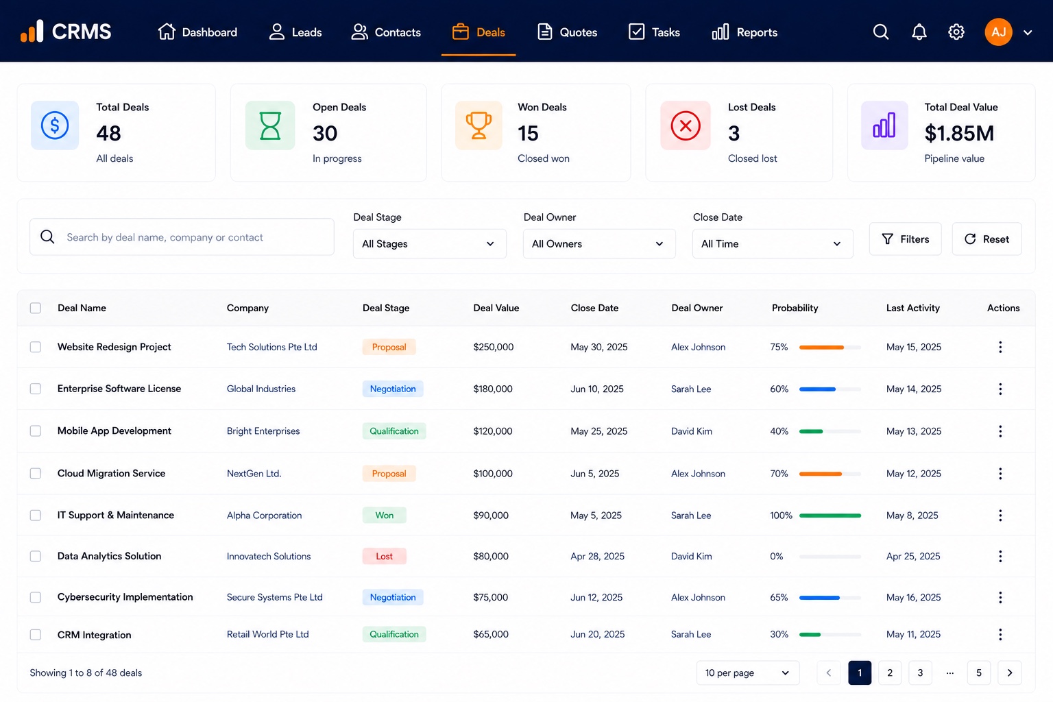 CRMS web — deals pipeline