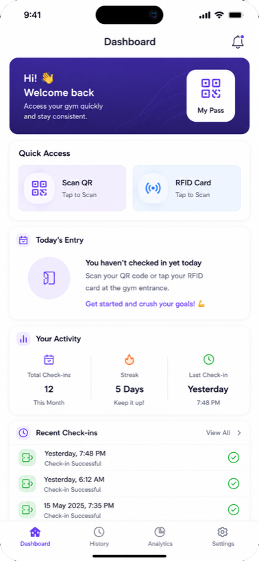 GAMS: member dashboard with QR pass and QR / RFID check-in