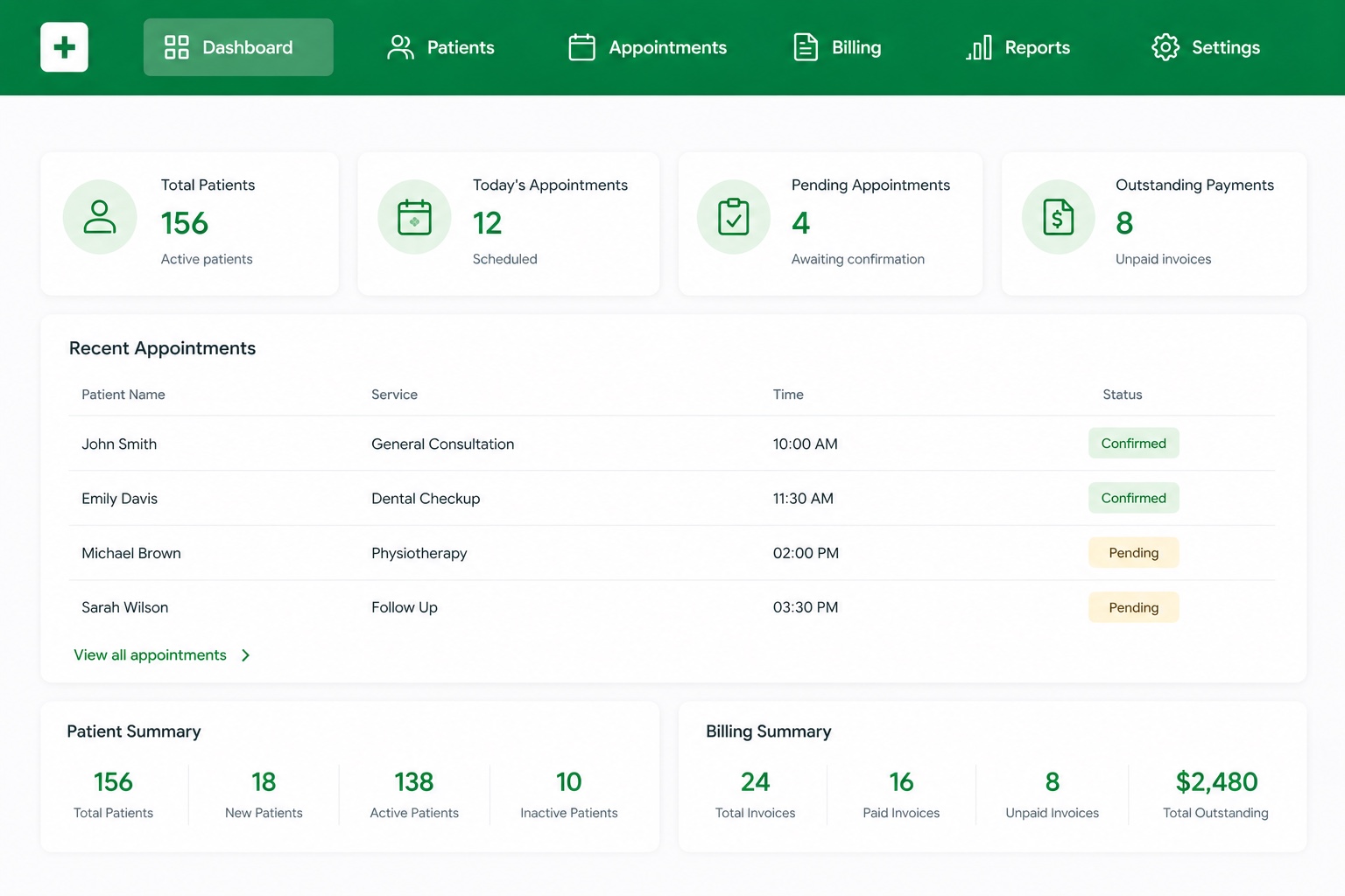 HMS web dashboard with patient, appointment and billing summary