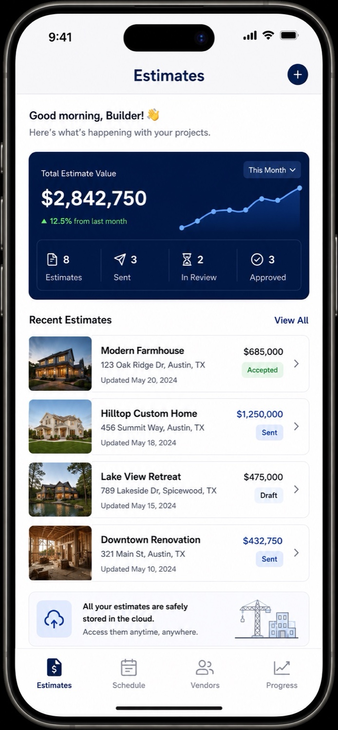 Organized Builder: estimates dashboard with total value and recent estimates
