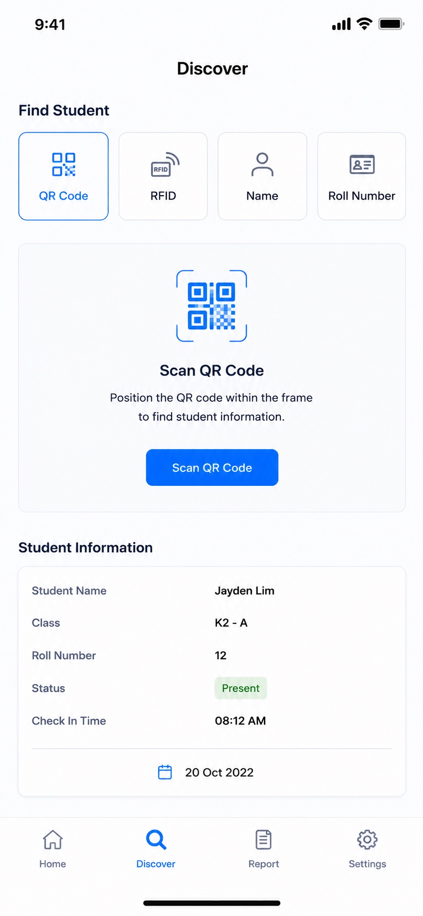 School Attendance System: find student by QR, RFID, name or roll number